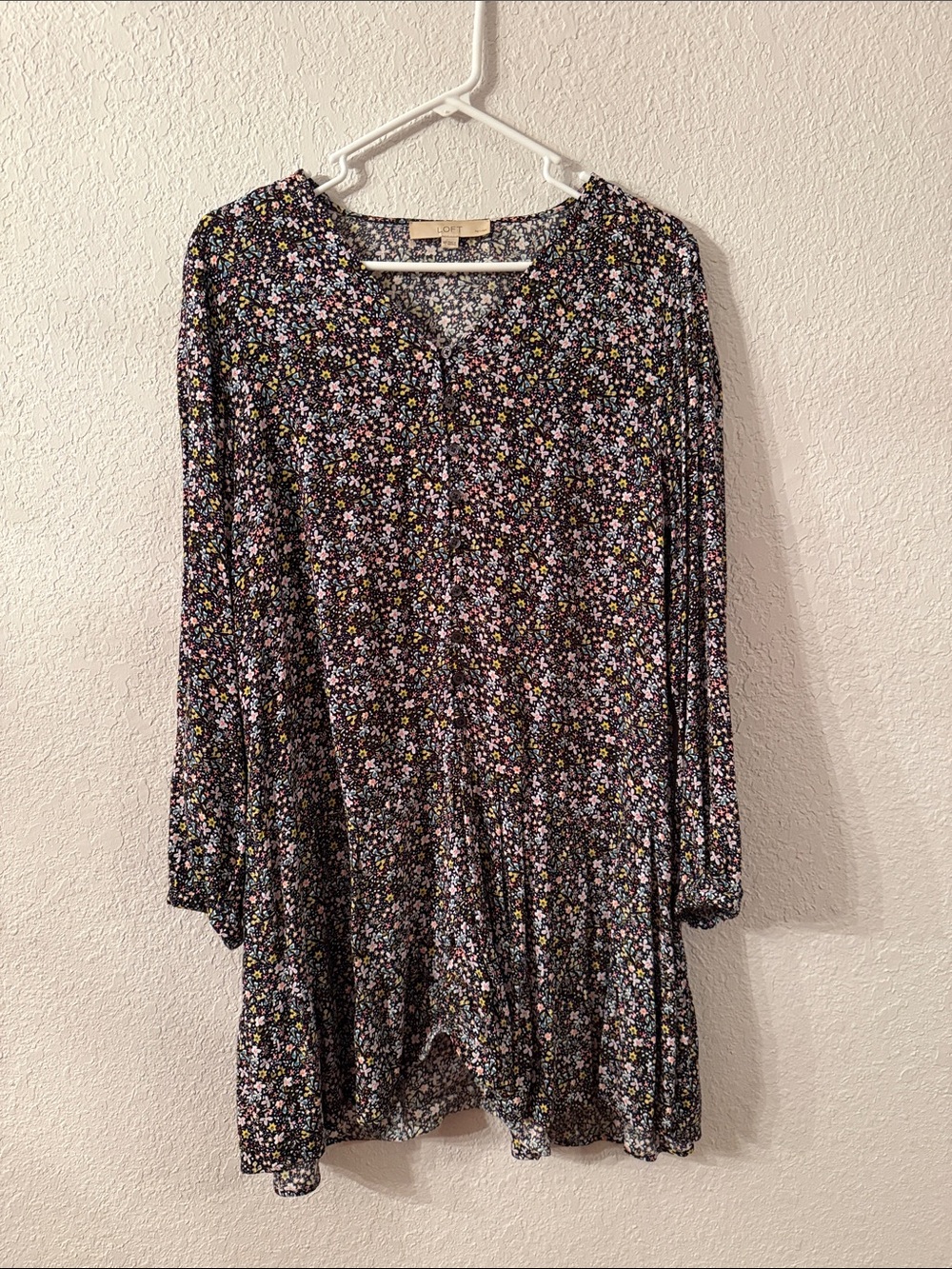 LOFT Black Floral Long-Sleeve Tunic Dress